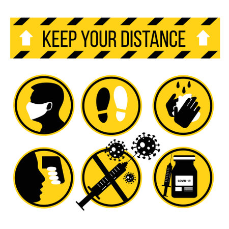 A set of  protection infographic stickers. Wear a mask, social distance, hand washing, and vaccinationのイラスト素材