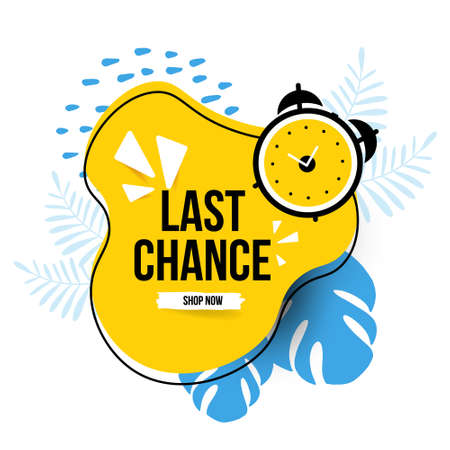 Last chance sign . Universal banner in yellow and blue colors with a clock and a button in the form of a brush.のイラスト素材
