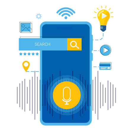 Voice service optimization on your smartphone. Concept of a search application. Image search, video search, shopping, etcのイラスト素材