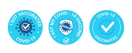 Vaccinated. Blue Round sticker. Badge text I got, my covid-19 vaccine. Protection against the ncov-19 coronavirus. Use it as a badge for clothingのイラスト素材