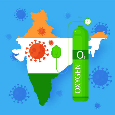Oxygen tank with mask for treating coronavirus in India and saving people from covid19 infection. Banner with medical equipment for hospitals and clinicsのイラスト素材