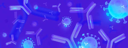 Human antibodies fight the covid19 virus, saving the patient from the deadly disease. Medical illustration on vaccination to prevent a coronavirus pandemic in the world.の写真素材