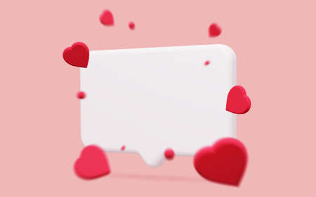 3d conversational speech bubble with blurry red hearts on a pink background.