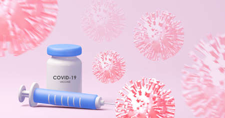 The concept of medical treatment. Flying Covid 19 viruses, a bottle with a vaccine and a syringeの写真素材