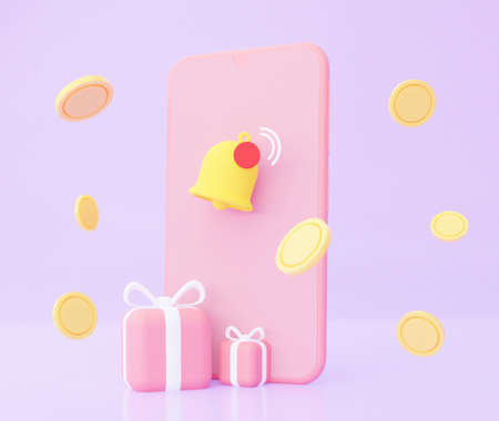 Bell Notification on the mobile phone about the prize event with flying coins and gifts. 3d...