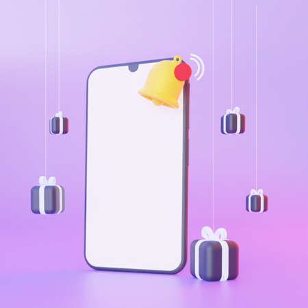 A mock-up of a mobile smartphone with a blank screen. With black and white gifts on a purple...