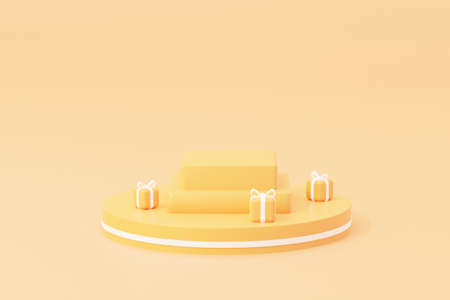 3d Minimalistic Yellow Podium with gifts in pastel tonax. Fashion cosmetics product, promotion and sales. 3d rendering.の写真素材