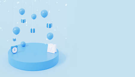 Mockup 3d podium. Online shop with gifts and a balloon in blue colors. 3d rendering.