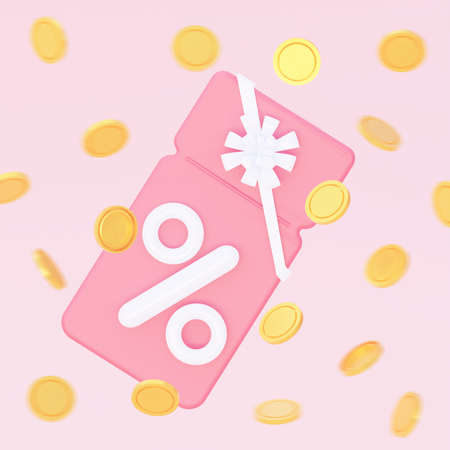 A gift ticket with a white bow with scattered coins. 3d rendering