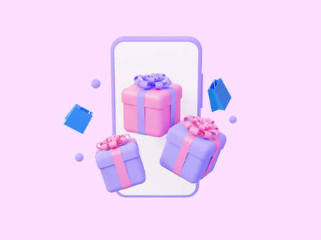 Online shopping. Phone with gifts and flying packages. 3d rendering