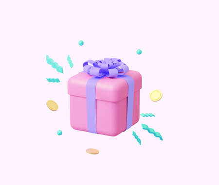 A pink gift with a purple bow and flying coins. 3d rendering illustration.