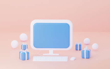 3d computer with empty screen on pink background. 3d rendering illustration