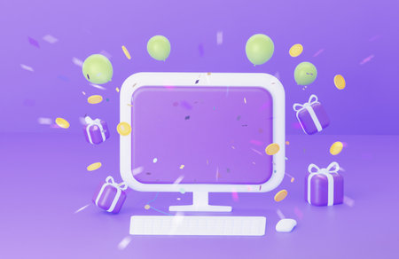 3D desktop with empty screen on purple background. The concept of congratulations to the winner. With coins, gifts and balloons. 3d rendering illustrationの写真素材