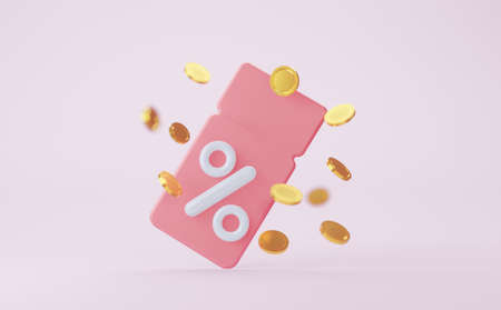 Pink coupon with coins. 3d Rendering.
