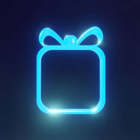 An empty neon frame in the form of a gift on a blue background. 3d rendering