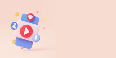 3d video player screen on mobile phone. Live streaming on social media application.の写真素材