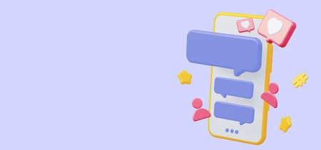 Mobile phone with social media chat. With icon like heart speech bubble. 3d renderingの写真素材