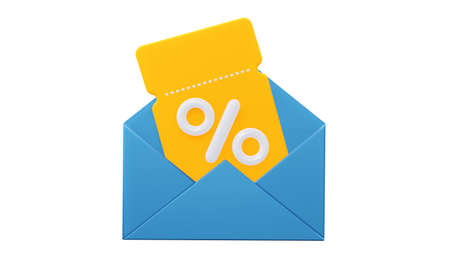 Yellow bright coupon with an open letter. Isolated on a white background. 3d rendering.の写真素材