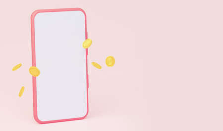 A mockup of a mobile phone with an empty white screen, and flying coins.の写真素材