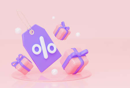 Purple label tag tied with gold string percent sign and flying gifts. 3d renderingの写真素材