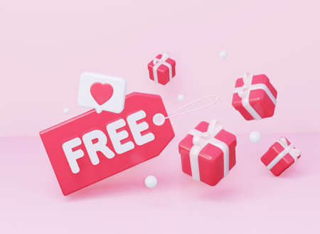 A bright pink price tag with the inscription Free. And a notification icon such as a heart. The concept of a prize draw for social networks. 3d rendering.の写真素材