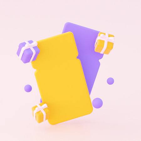 An empty coupon with gifts. In yellow and purple colors. 3d rendering.の写真素材