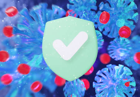 The concept of protection against coronavirus. Virus molecules with a shield. 3d render.の写真素材