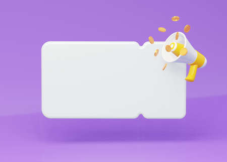 White blank discount coupon with loudspeaker speaker and flying coins on a purple background. 3d...