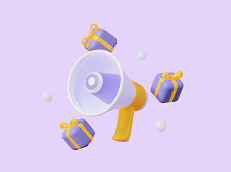 Mega sale. A prize-winning event. The concept of a loudspeaker with flying gifts. 3d renderingの写真素材