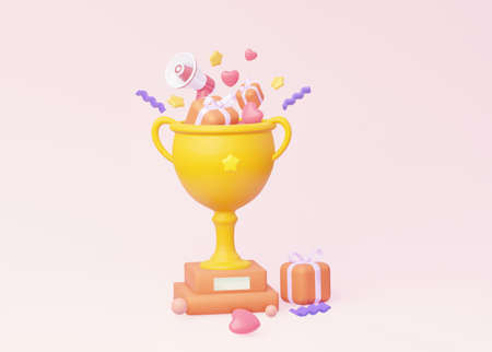 Trophy cup with gifts. The concept of a champion, winning and competition. 3d renderingの写真素材