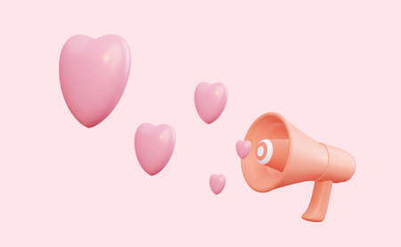 Megaphone with flying red hearts on a pink background. 3d rendering.