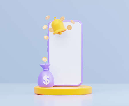 Push notification for finance on phone. A money bag with a bell and flying coins. 3D rendering