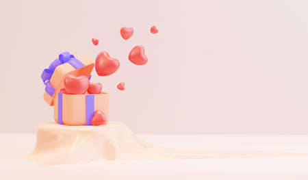 An open gift box in pastel colors, full of hearts on the podium. Holiday banner, web, greeting card....