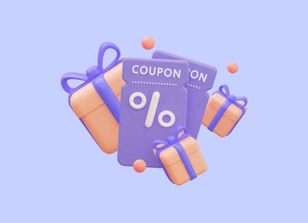 Purple coupon with a percentage sign and flying gifts. For online sales and favorable prices. 3D renderingの写真素材