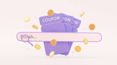 3D coupon with search bar and flying coins. Use for marketing, sales, online store. 3D renderingの写真素材