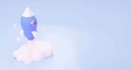 3d space rocket with smoke on a blue background with an empty space for text. The concept of start-up, speed and promotion. 3D renderingの写真素材