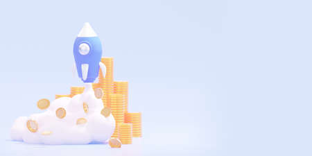 A mobile phone with a rocket and cash coins. 3d rendering.の写真素材