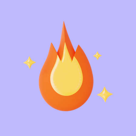 Fire 3D Illustration with stars isolated on purple background. 3d rendering.の写真素材