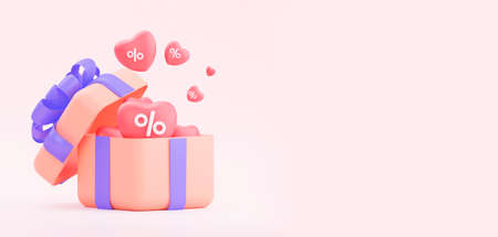Birthday sale and romantic date. A gift with hearts. 3D renderingの写真素材
