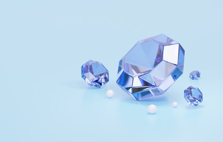 Blue crystal precious diamonds on a blue background. 3d rendering illustrationの写真素材