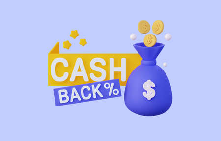 Abstract Icon of Cashback online payments money bag with dollar sign and coins. 3d rendering.の写真素材