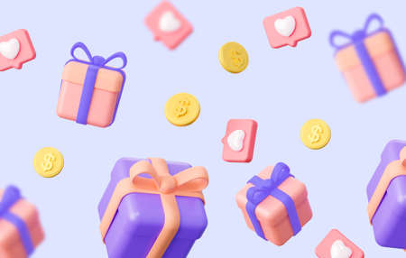 Background of gifts on social networks. Flying gifts with coins.の写真素材