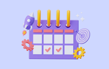 Calendar planning of business. Quick start, or quick sales. Three a gear with a rocket and an arrow. 3d rendering illustrationの写真素材