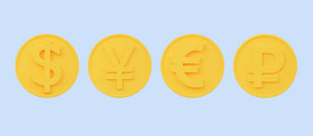 Yellow coins are Dollar and Yuan, Euro and rubles. 3D rendering. Full-face viewの写真素材