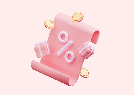 3D paper with a percentage sign and gifts. In pastel pink flowers with scattered coins. For various...