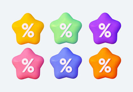 A yellow, green, pink and blue Star with a percent sign isolated on a white background. 3d renderingの写真素材