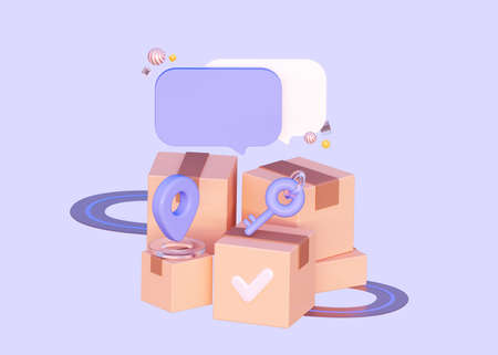 Notification of accepted delivery. 3D cardboard closed boxes with key and sign geolocation. Empty...