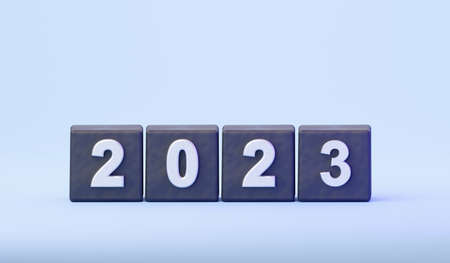 Black cubes with the text 2023. 3d rendering illustration. Start new year 2023 with goal plan. In a...