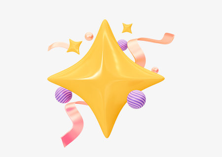 3d big star with confetti and ribbons. icon emoji. Confetti explosion as birthday surprise. 3D Renderingの写真素材