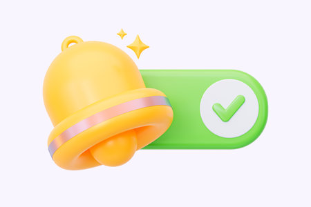 Yellow bell with activating the button Inclusions. 3d rendering illustration. notification concept.